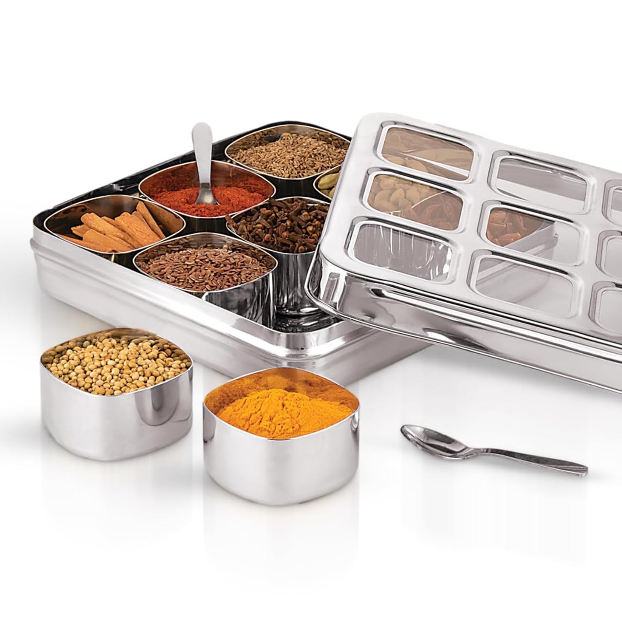 9 In 1 Square Stainless Steel Spice Box or Masala Dani