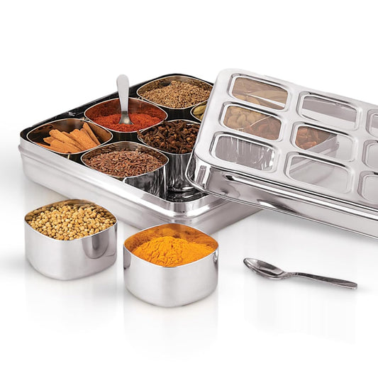 9 In 1 Square Stainless Steel Spice Box or Masala Dani