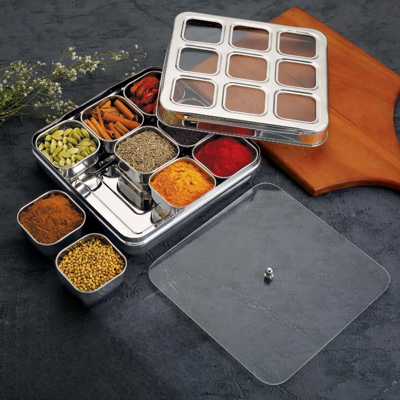 9 In 1 Square Stainless Steel Spice Box or Masala Dani