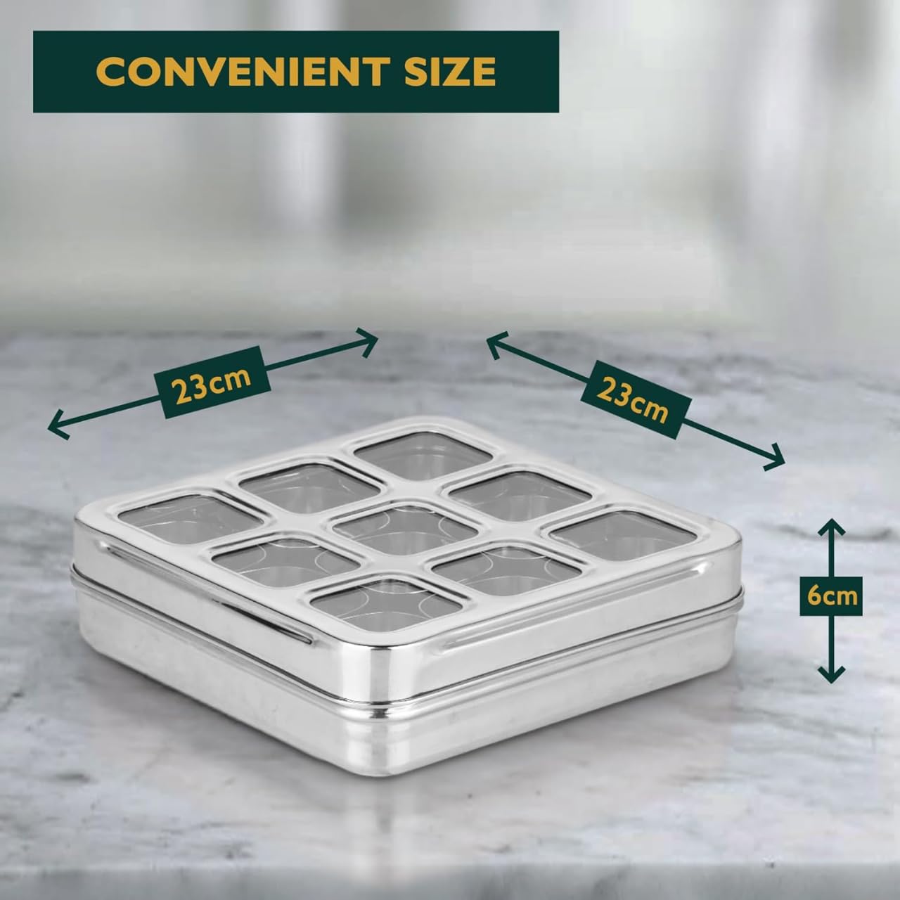 9 In 1 Square Stainless Steel Spice Box or Masala Dani