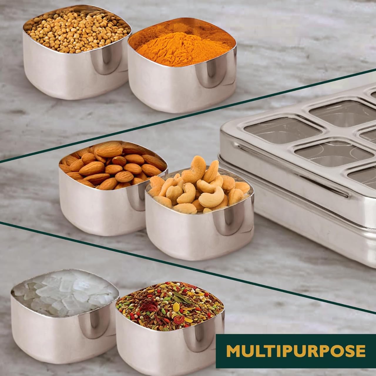 9 In 1 Square Stainless Steel Spice Box or Masala Dani